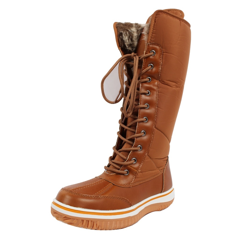 Tan Nylon Lace Up Faux Fur Cuff Winter Snow Boot - Picture 3 of 8